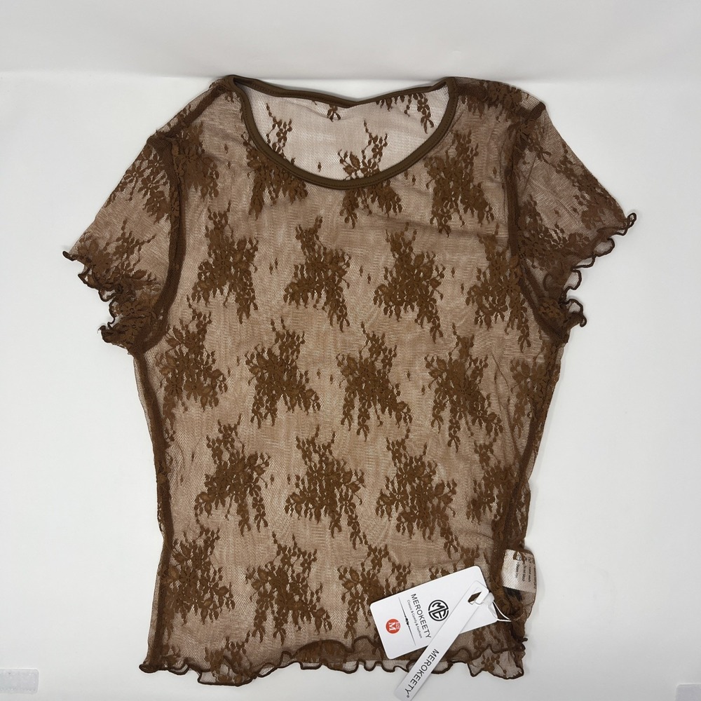 Merokeety Size Medium Short Sleeve Lace Tee, Brown
